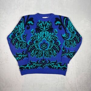 90s Mens Ricki Vintage Damask Knit Crewneck Sweater Blue Teal Large